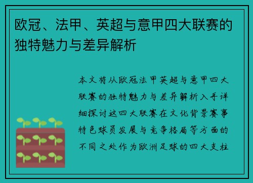 欧冠、法甲、英超与意甲四大联赛的独特魅力与差异解析